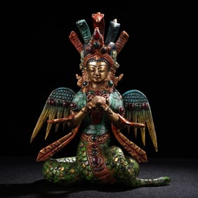 A Exquisite Copper Inlaid Gems Statue of Avalokitesvara Ornament