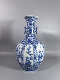 A Exquisite Blue and White Lotus Pattern Flower-Bird Pattern Double-Ears Vase
