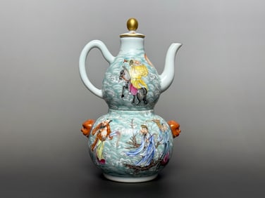 Doucai Painted Gold Character and Story Pattern Gourd-Shaped Beast-Ears Teapot