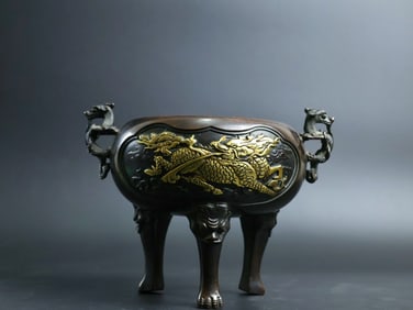 A Rare Red Copper Relief Carved and Gilt Beast-Ears Censer