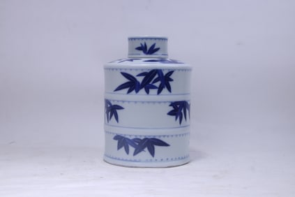 A Rare Blue and White Bamboo Leaf Pattern Covered Jar