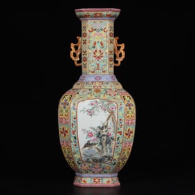 A Exquisite Enamel Painted Gold Flower Bird Pattern Double-Ears Vase
