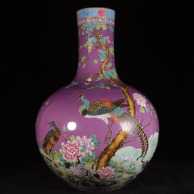 Famille-Rose Purple Ground Flower and Bird Pattern Vase