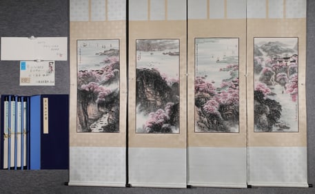 A Set of Chinese Vertical Scroll China Ink Painting of Landscape on Paper