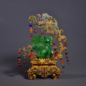 A Rare Wire inlay Technique Inlaid Jadeite Crane Ornament