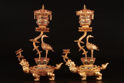 A pair of Rare Filigree Inlaid Gem Crane and Turtle Ornaments