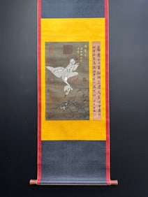 A Chinese Vertical Scroll Ink Flower and Bird Painting on Silk