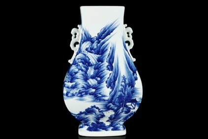 A Exquisite Blue and White Landscape Pattern Double-Ears Vase