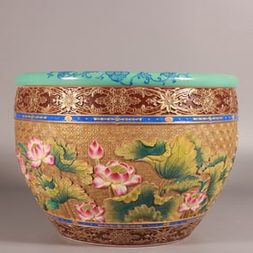 A Exquisite Enamel Gold Ground Carved Lotus Pattern Water Washer