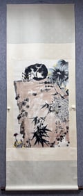 A Chinese Vertical Scroll Ink Painting of Cat on Paper