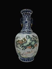 Blue and White Landscape Figures Pattern Double-Ears Vase