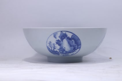 A Rare Blue and White Landscape Pattern Bowl with Poem