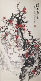 A Chinese Vertical Scroll Ink Painting of Flowers on Paper
