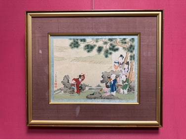 A Chinese Ink Painting of Figure and Story on Silk with a Frame