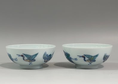 A Pair of Rare  Doucai Crane Pattern Bowls