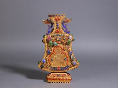 A Exquisite Gilt Bronze Inlaid Gems Dragon Pattern Vase