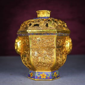 A Rare Gilt Bronze Wire inlay Technique Relief Auspicious Beast Pattern Censer