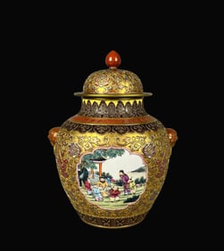 Enamel Gold Ground Carved Figures Pattern Double-Ears Jar