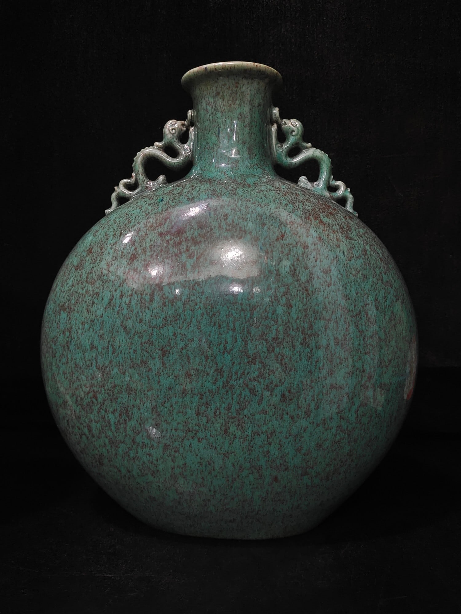 A Rare Lu Jun Yao Glazed Dragon Ear Vase: A Rare Lu Jun Yao Glazed Dragon Ear Vase,Qing Dynasty, China,Qianlong Six-character Mark,Size:13.4inx9.1inx2.4in 炉钧釉龙耳抱月瓶,中国଀
