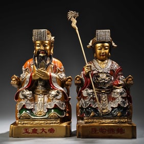 A pair of Exquisite Copper Painted Color Painted Gold Figure Ornament