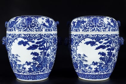 A Exquisite A pair of Blue and White Flower and Bird Pattern Jar