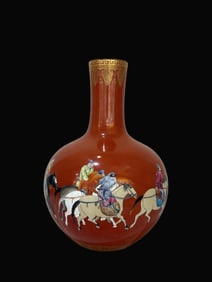 Enamel  Coral Red Glazed Painted Gold Figures Pattern Vase