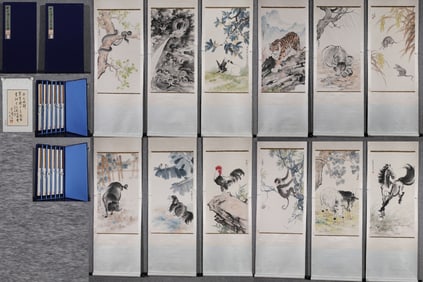 A Set of Chinese Vertical Scroll China Ink Painting of the twelve Chinese zodiac signs on Paper