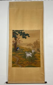 A Chinese Vertical Scroll Ink Painting of Sheep on Silk