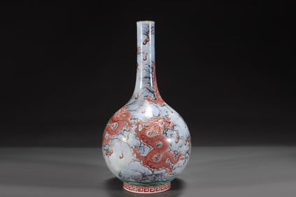 A Exquisite Famille-Rose Iron-Red Dragon Pattern Vase, with Calligraphy and Painting