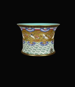 Enamel Carved Painted Gold Seawater Crane Pattern Basin