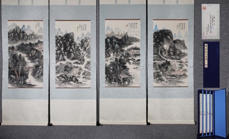 A Set of Chinese Vertical Scroll China Ink Painting of Landscape on Paper