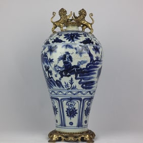 A Exquisite Blue and White Inlaid Copper Figure Story Pattern Double Ear Vase