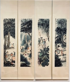 A Set of Chinese Vertical Scroll Ink Paintings of Figures on Paper