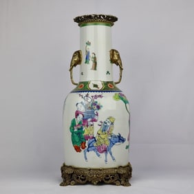 A Exquisite Famille Rose Inlaid Copper Figure Pattern Elephant Ear Vase