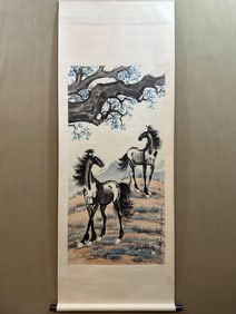 A Chinese Painting of Horse on Paper With a Hanging Scroll