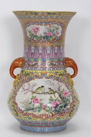 Enamel Painted Gold Flower and Bird Pattern Elephant-Ears Vase