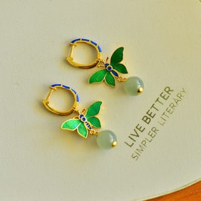 A pair of Exquisite  Silver Inlaid Hotan Jade Butterfly-shaped Earring