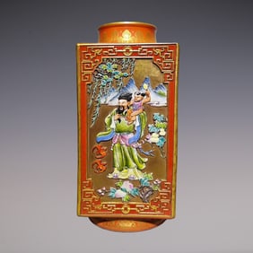 An Exquisite Enamel Painted Gold Lotus Pattern Character and Story Pattern Vase