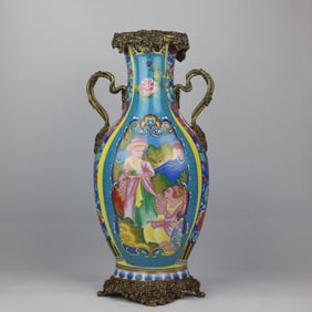 An Exquisite Famille-Rose Inlaid Bronze Character and Story Pattern Double-Ears Vase