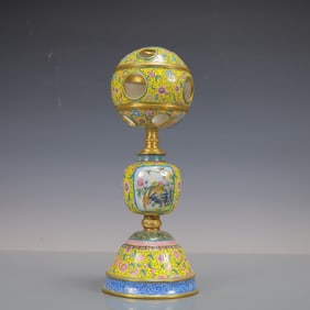 A Exquisite Coppery Enamel Lotus Pattern Flower and Bird Pattern Ornament