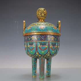 A Exquisite Cloisonne Lotus Pattern Beast-Face Pattern Double-Ears and Tripod Censer
