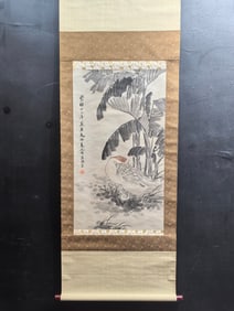 A Chinese Vertical Scroll Ink Painting of Flower and Bird on Silk