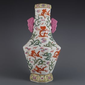 An Exquisite Famille-Rose Lotus Pattern Dragon Pattern Double-Ears Vase