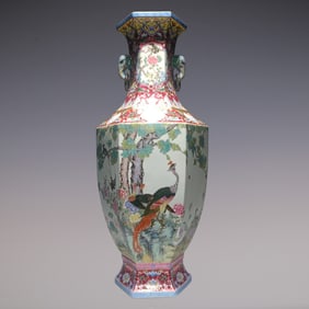 An Exquisite Enamel Ruby Red-Glazed Lotus Pattern Flower and Bird Pattern Double-Ears Vase