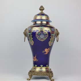 An Exquisite Famille-Rose Inlaid Bronze Flower and Bird Pattern Double-Ears Jar