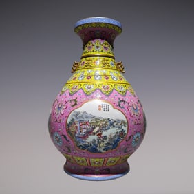 An Exquisite Enamel Painted Gold Lotus Pattern Landscape Pattern with poem Double-Ears Vase