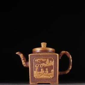 An Exquisite Purple Sands Painted Gold Character and Story Pattern Teapot