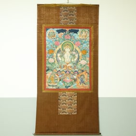 An Exquisite Brocade Painted Color Four-arms Statue of Avalokitesvara Tangka