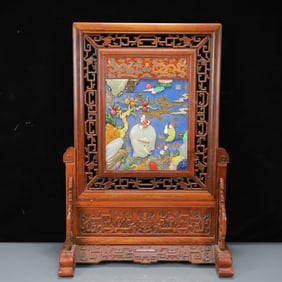 A Exquisite Boxwood Inlaid Gems Dragon Pattern Landscape and Figure Pattern Screen Ornament
