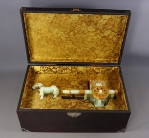 An Exquisite White Jade Cover with Gold Lotus Pattern Carriage Ornament